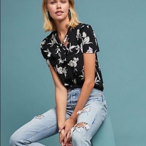 Anthro Maeve | Adagio Floral Tie Neck Blouse Sz M